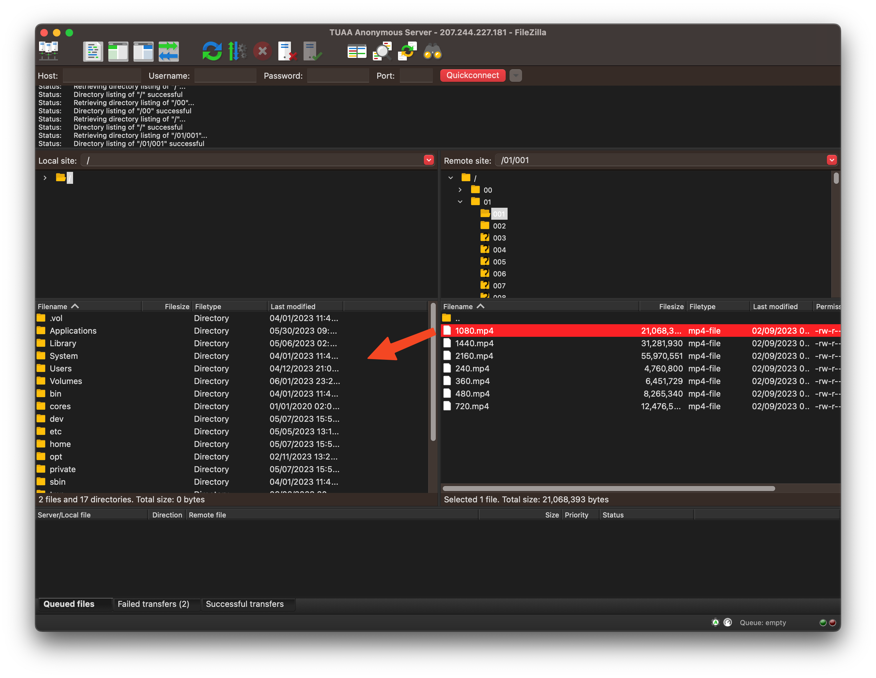 Screenshot of downloading a file in FileZilla by dragging it from the remote directory tree into the local directory tree.