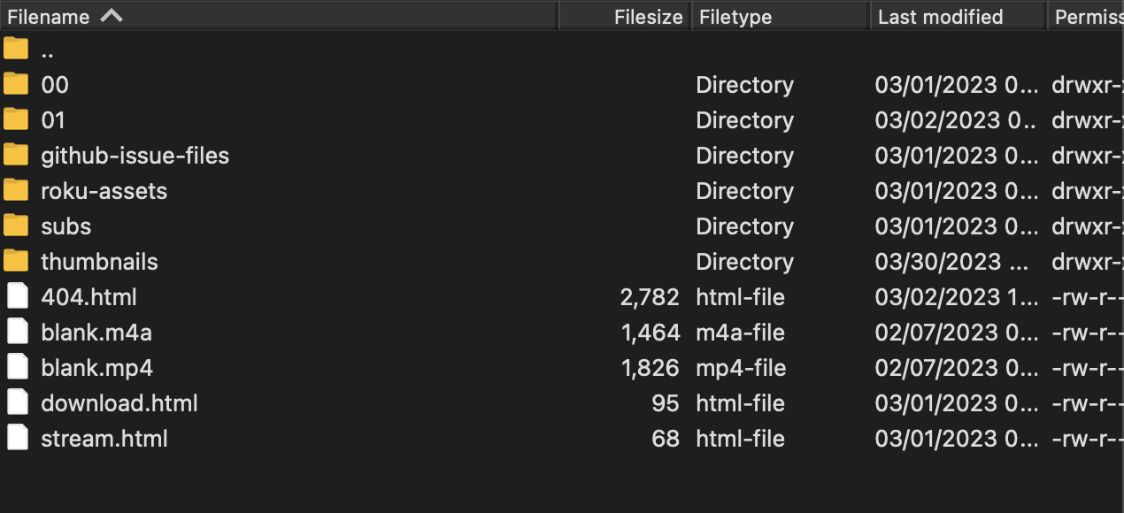 Screenshot of FileZilla showing all of the directories. See below.