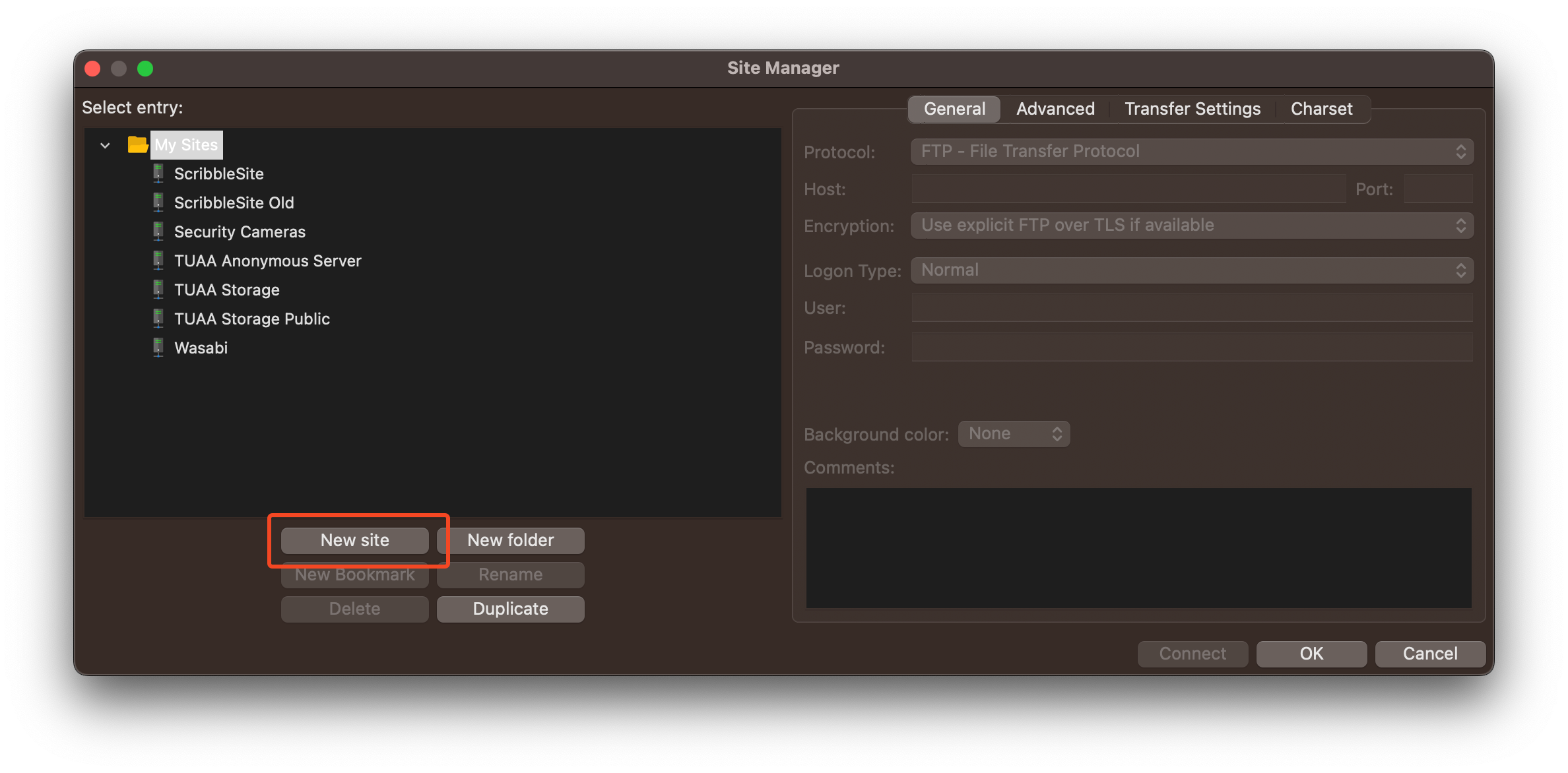 Screenshot of the new site button in FileZilla.