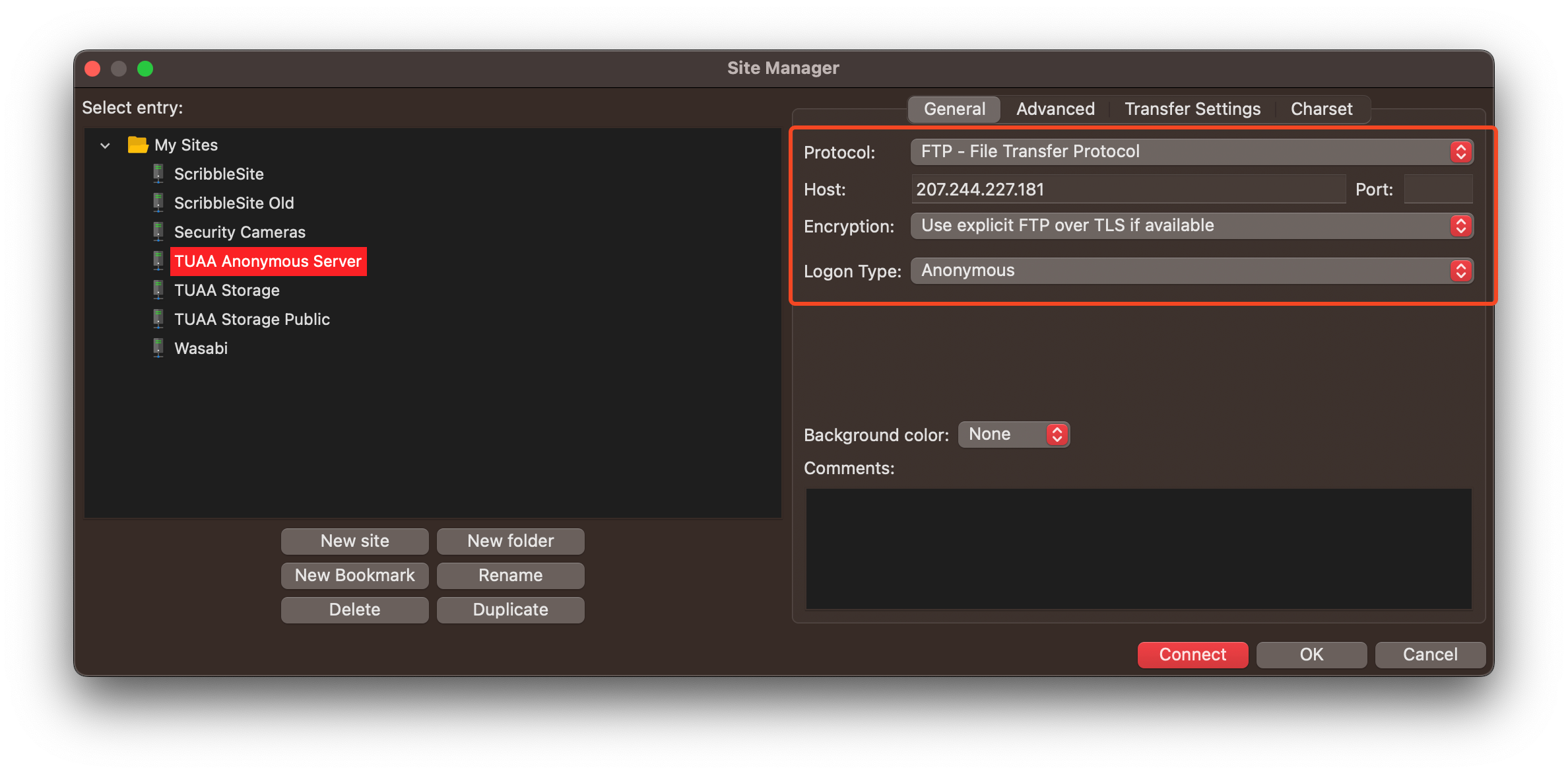 Screenshot of FileZilla showing the site settings shown above.