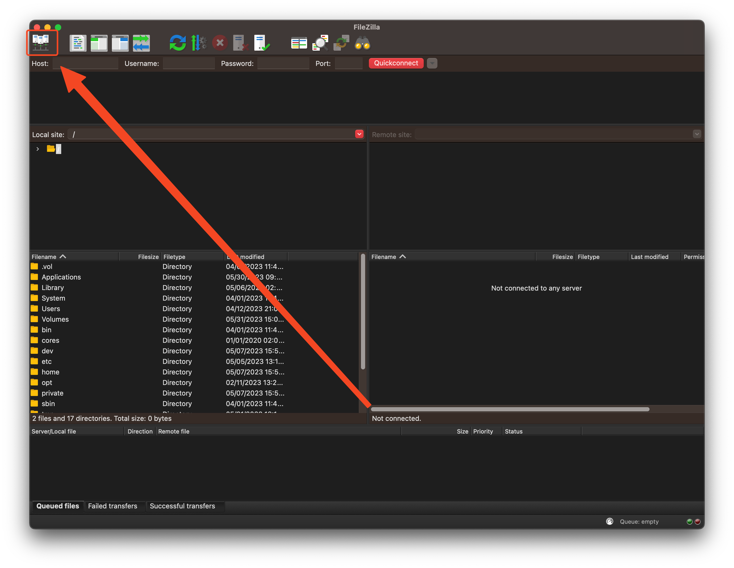 Screenshot of the servers button in FileZilla.