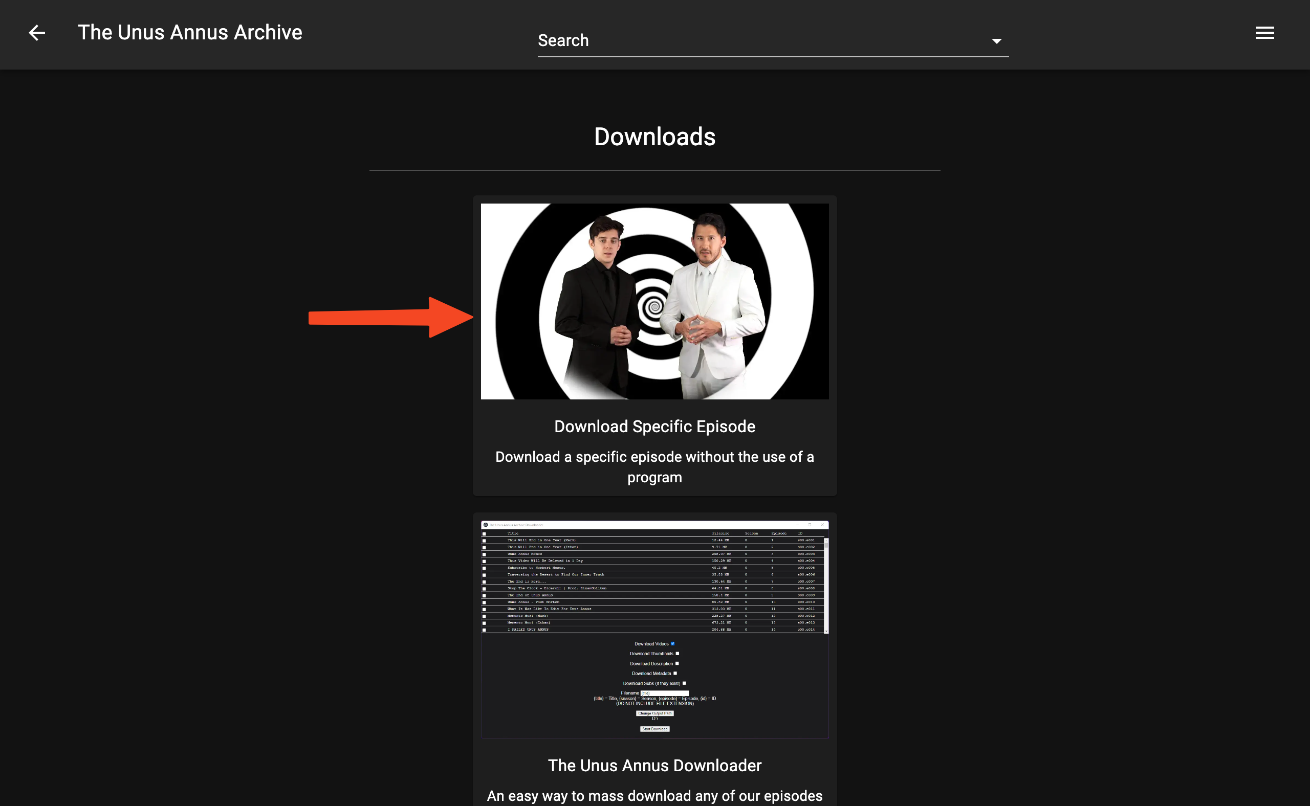 A screenshot of the downloads page showing the "Download Specific Episode" link.