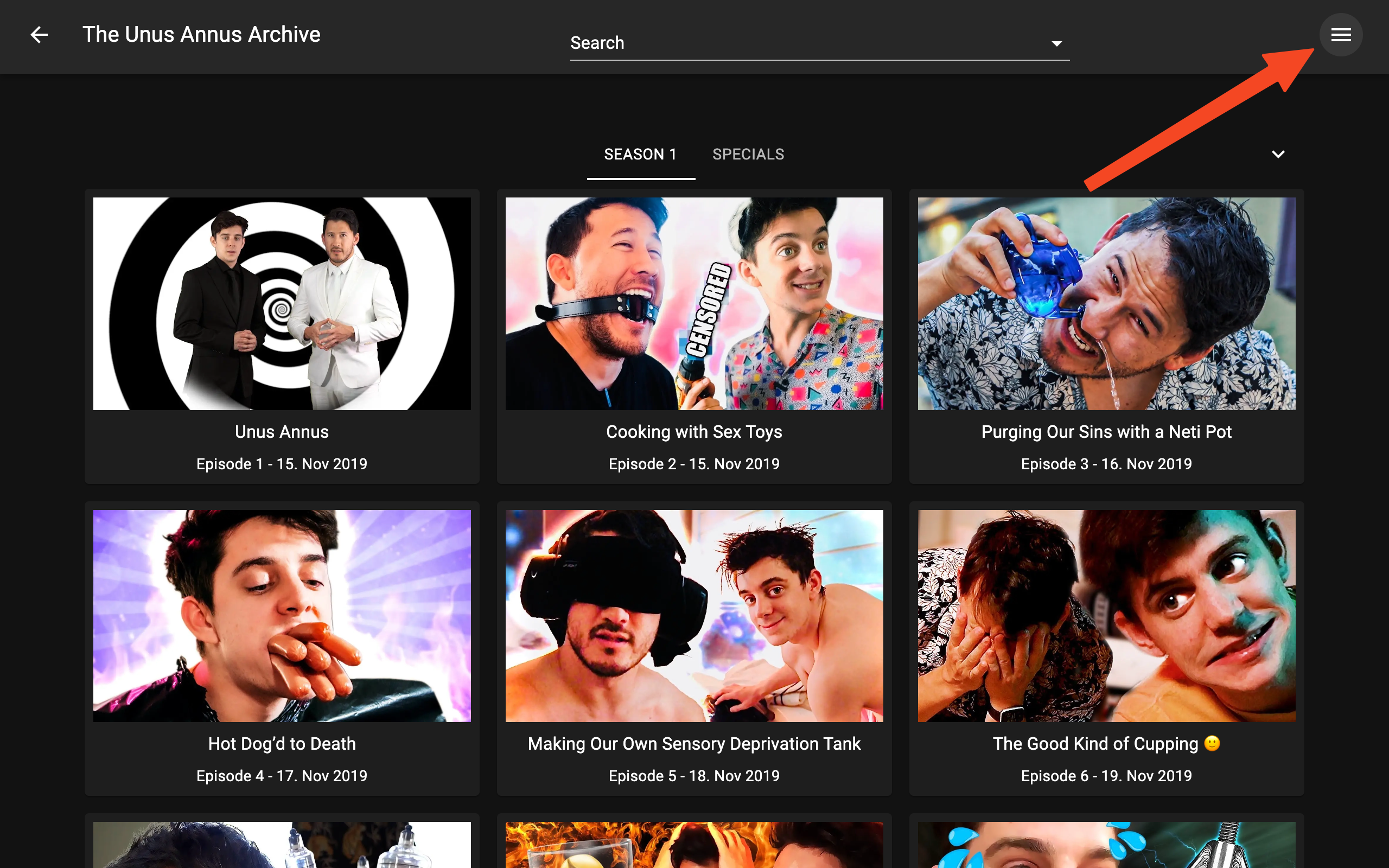 A screenshot of the archive website showing the three lines in the top right.